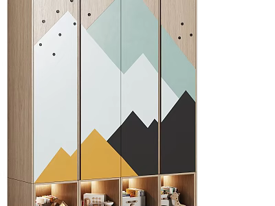 Modern Geometric Pattern Wardrobe With Green Gray Black Yellow Panels And Bottom Open Storage 3d model