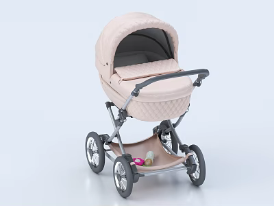 Elegant Light Pink Quilted Baby Stroller With Storage Basket And Wheels 3d model
