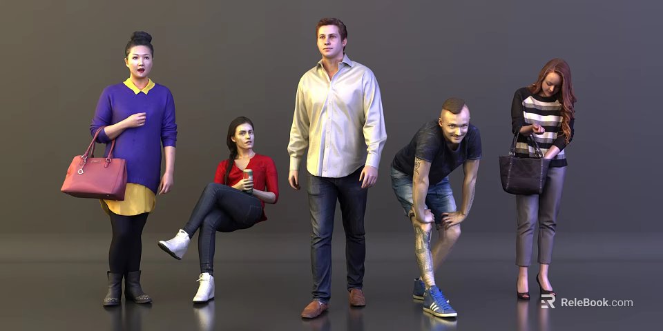Group of People in Various Outfits Standing and Sitting Against Gray Background 3d model 