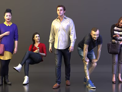 Group of People in Various Outfits Standing and Sitting Against Gray Background 3d model