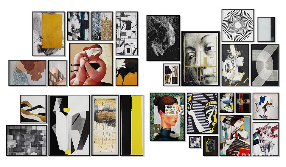 Gallery Wall Decor with Various Artwork Styles Different Sizes Frames Abstract Portraits Geometric Patterns 3d model