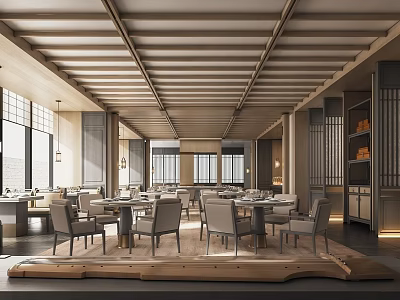 Elegant Chinese Style Restaurant Interior With Wooden Ceiling Tables Chairs Windows And Cabinets 3d model