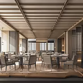 Elegant Chinese Style Restaurant Interior With Wooden Ceiling Tables Chairs Windows And Cabinets