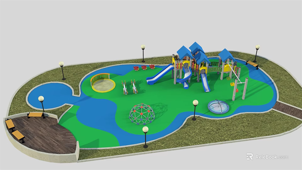 Outdoor Playground Equipment With Colorful Slides Swings Climbing Structures Green Blue Flooring And Lamp Posts 3d model 