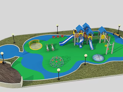 Outdoor Playground Equipment With Colorful Slides Swings Climbing Structures Green Blue Flooring And Lamp Posts 3d model