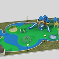 Outdoor Playground Equipment With Colorful Slides Swings Climbing Structures Green Blue Flooring And Lamp Posts