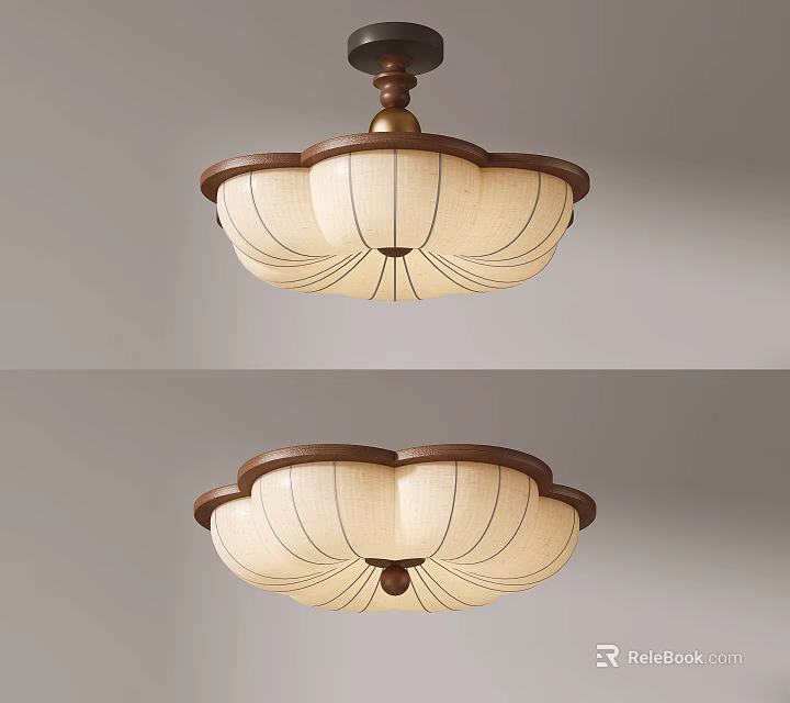 Elegant Petal Shaped Ceiling Light With Beige Fabric Shade And Brown Metal Trim 3d model 