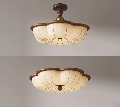 Elegant Petal Shaped Ceiling Light With Beige Fabric Shade And Brown Metal Trim 3d model