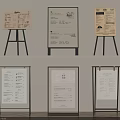 Information Display Signboards With Various Stands And Text Content On Shelf And Floor