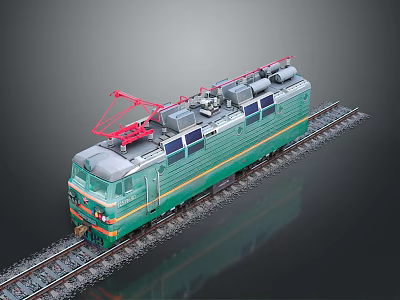 Modern Green and White Electric Train With Red Pantograph On Railway Tracks 3d model