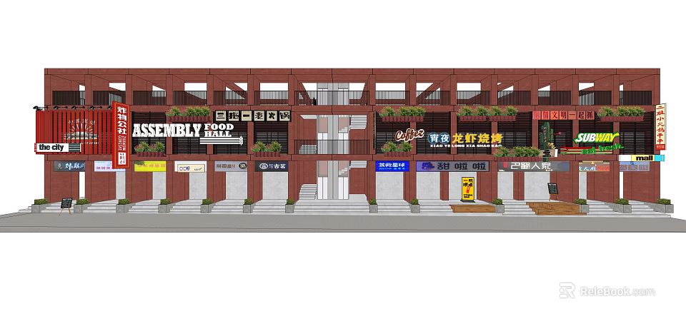 Commercial Street With Two Story Buildings Modern Storefronts And Shop Signboards 3d model 