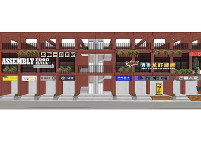 Commercial Street With Two Story Buildings Modern Storefronts And Shop Signboards 3d model