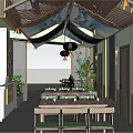 Chinese Restaurant Interior With Mountain Water Ceiling And Wooden Dining Tables Chairs