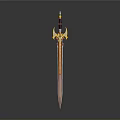 Ornate Decorative Sword with Red Blade and Golden Hilt Design Displayed on Gray Background
