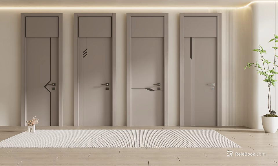 Modern Hinged Doors With Sleek Linear Patterns In Light Gray Home Interior 3d model 