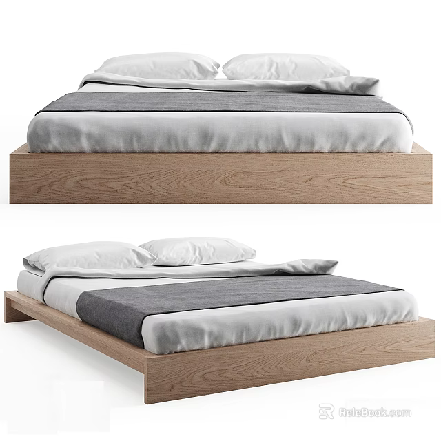 Modern Double Bed With Wooden Frame Low Profile White Sheets And Gray Blanket 3d model 