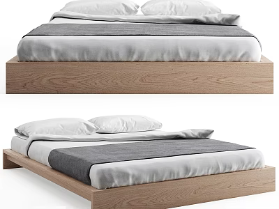 Modern Double Bed With Wooden Frame Low Profile White Sheets And Gray Blanket 3d model