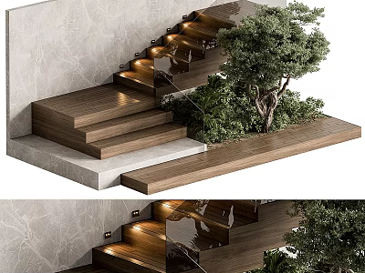 Modern Wooden Staircase Design With Built in Lighting Surrounded by Greenery Against Stone Wall 3d model