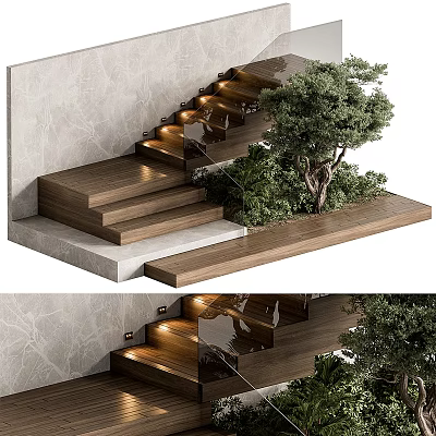 Modern Wooden Staircase Design With Built in Lighting Surrounded by Greenery Against Stone Wall 3d model