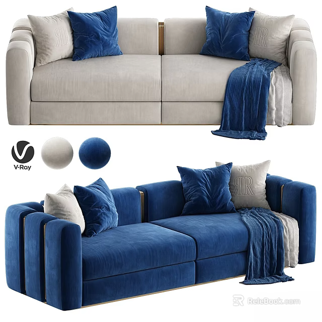 Modern Sofa Design With Blue Beige Pillows And Cozy Blanket Interior 3d model
