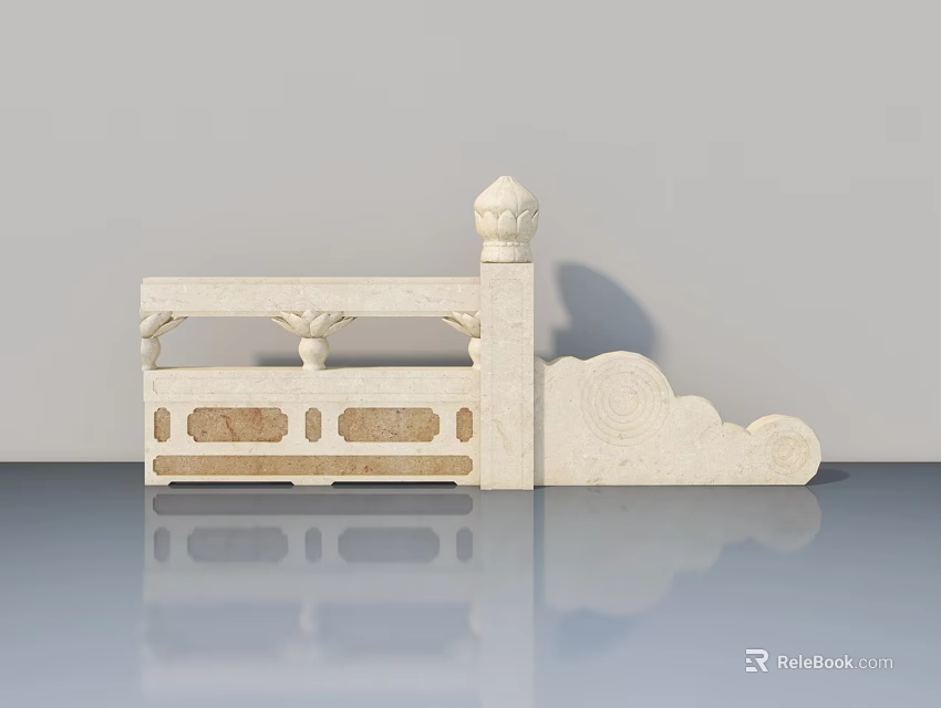 White Chinese Style Hinged Door With Carved Cloud Patterns Rail And Decorative Pillar 3d model