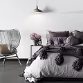 Double Bed with Purple Bedding Pom Pom Details Wicker Chair and Pendant Light