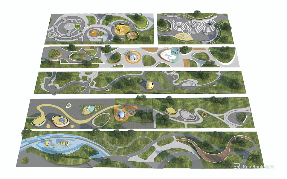 Park Landscape Design With Curved Paths Green Areas Circular Plazas And Water Features 3d model 
