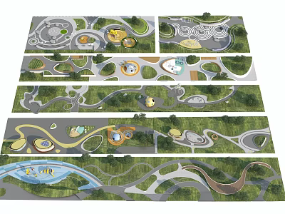 Park Landscape Design With Curved Paths Green Areas Circular Plazas And Water Features 3d model