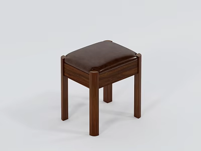 Wooden Frame Stool With Brown Leather Seat And Simple Design For Home Use 3d model