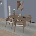 Modern Wooden Dining Table Set With Woven Chairs Vase Decor And Abstract Painting