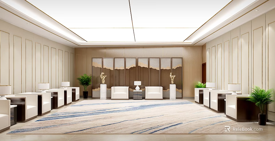 Elegant Hotel Public Lounge Area With Comfortable Sofas And Patterned Carpet 3d model