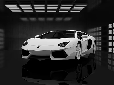White Lamborghini Sleek Sports Car In Indoor Showroom With Reflective Floor And Modern Lighting 3d model