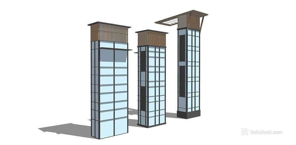 Modern Elevator Design With Glass Curtain Wall And Wooden Top Structure 3d model 