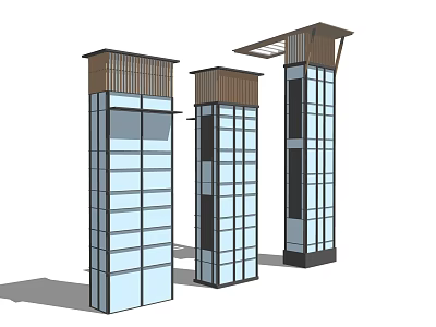 Modern Elevator Design With Glass Curtain Wall And Wooden Top Structure 3d model
