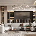 Modern Living Room Interior With White Sofa Large TV Wall Circular Chandelier And Decorative Plants