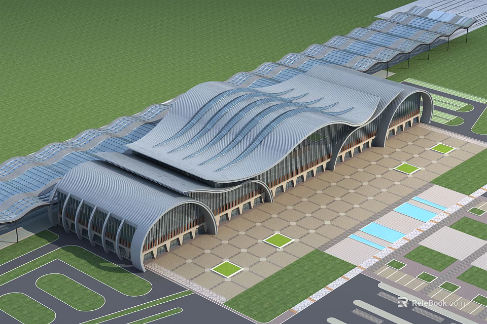 Modern Architectural Transportation Hub Featuring Wavy Roof Glass Facade Plaza And Green Areas 3d model 