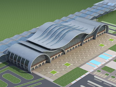 Modern Architectural Transportation Hub Featuring Wavy Roof Glass Facade Plaza And Green Areas 3d model