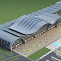 Modern Architectural Transportation Hub Featuring Wavy Roof Glass Facade Plaza And Green Areas