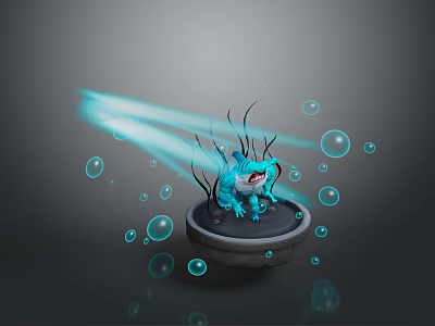 Enchanted Blue Creature Sitting in Ceramic Bowl with Floating Bubbles and Glowing Light 3d model