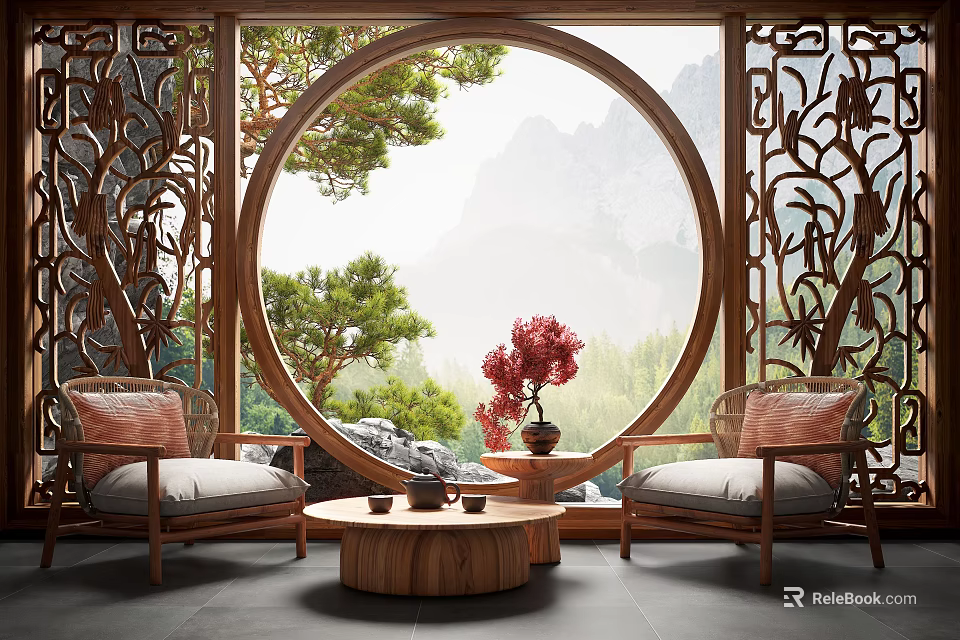 Leisure Sofa Set With Circular Window Mountain View Wooden Carved Coffee Table And Red Flowers 3d model 