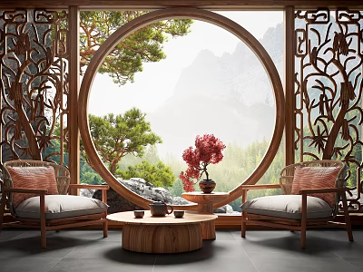Leisure Sofa Set With Circular Window Mountain View Wooden Carved Coffee Table And Red Flowers 3d model