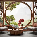Leisure Sofa Set With Circular Window Mountain View Wooden Carved Coffee Table And Red Flowers