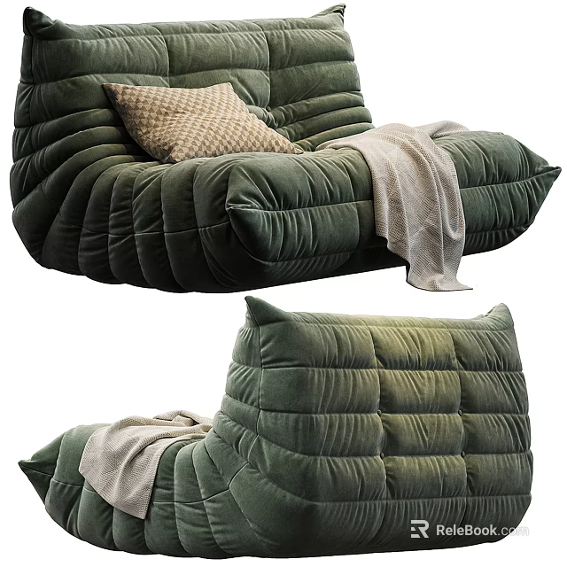 Cozy Green Lazy Sofa With Velvet Upholstered Padded Design And Beige Pillow Light Blanket 3d model 