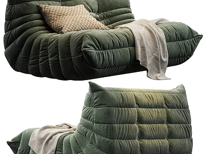 Cozy Green Lazy Sofa With Velvet Upholstered Padded Design And Beige Pillow Light Blanket 3d model