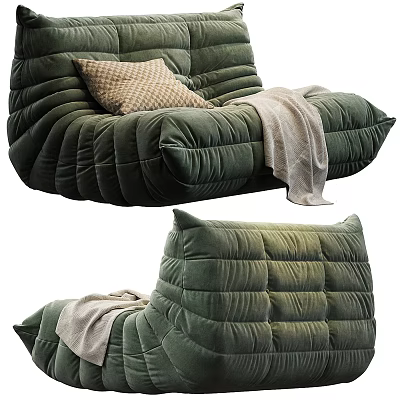 Cozy Green Lazy Sofa With Velvet Upholstered Padded Design And Beige Pillow Light Blanket 3d model