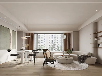 Elegant Modern Dining and Living Room Interior Design With Sofa Dining Table Chairs Artwork Rug 3d model