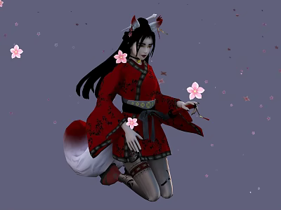 Fox Eared Character in Red Kimono with Long Black Hair Fox Tail Holding Cherry Blossoms 3d model