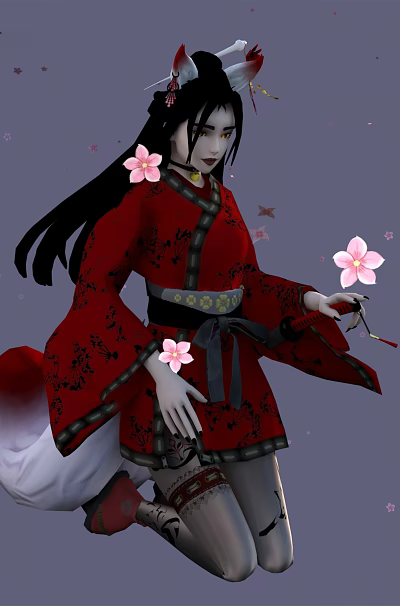 Fox Eared Character in Red Kimono with Long Black Hair Fox Tail Holding Cherry Blossoms 3d model
