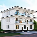Two Story Detached Villa Exterior Design with White Walls Large Windows and Green Lawn