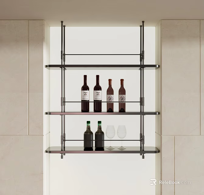 Modern Wall Mounted Wine Rack With Wine Bottles And Glasses 3d model